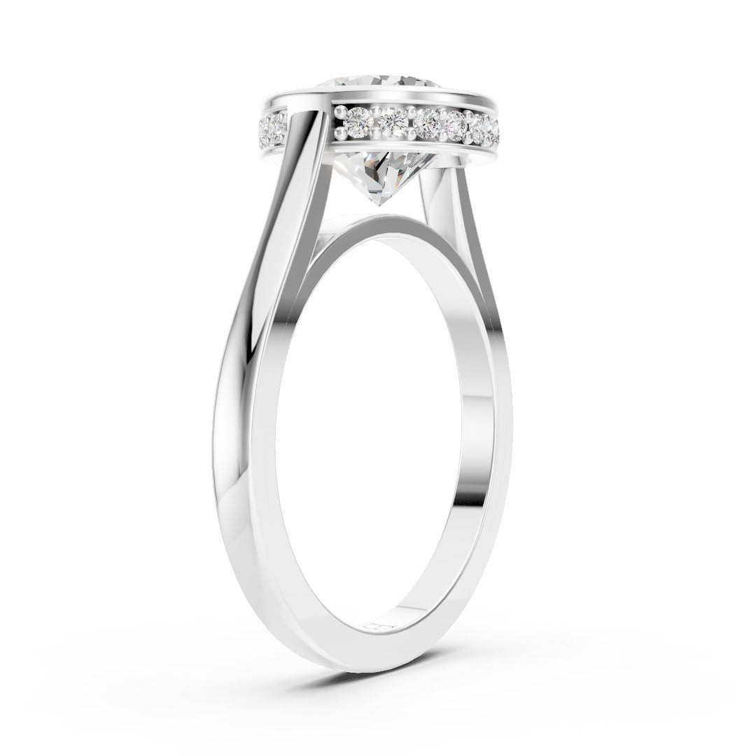 Bezel Set Round Brilliant Solitaire Diamond Hidden Halo Engagement Ring