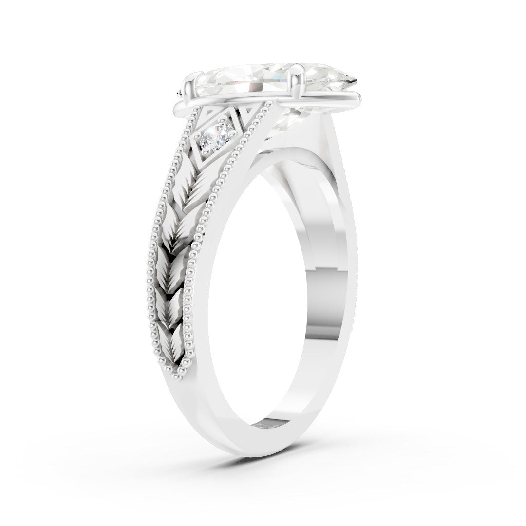 Antique Three Stone Leaf Engraved Band Marquise Cut Ring