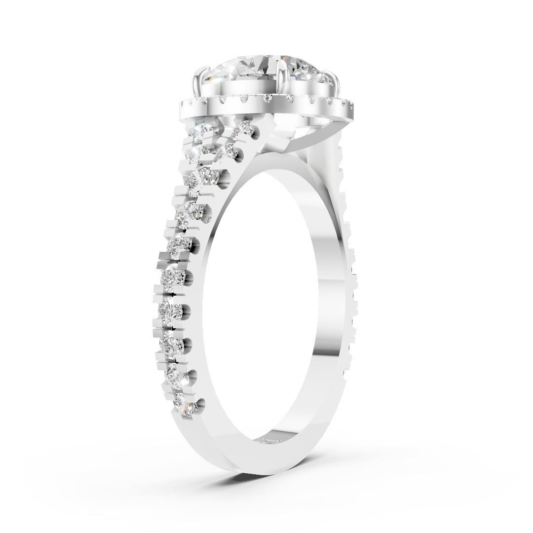 Round Cut Halo & V-Split Shank Pavé Diamond Ring
