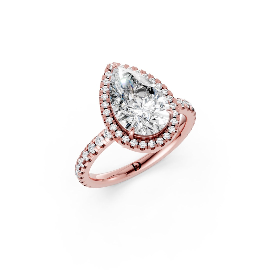 Lab Grown Pear Diamond Halo Engagement Ring With Pave Set Band