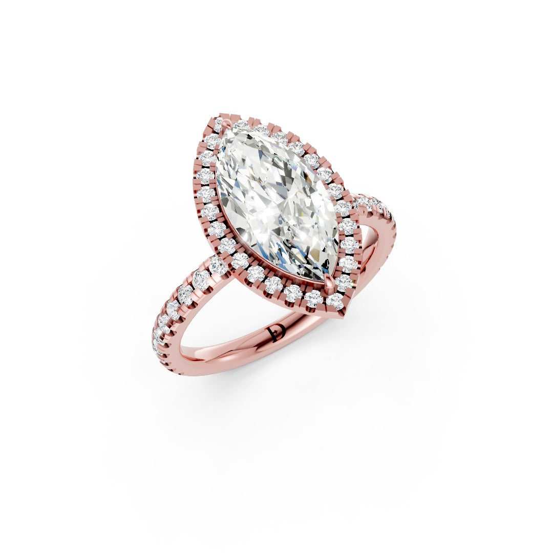 Lab Grown Marquise Diamond Halo Engagement Ring With Pave Set Band