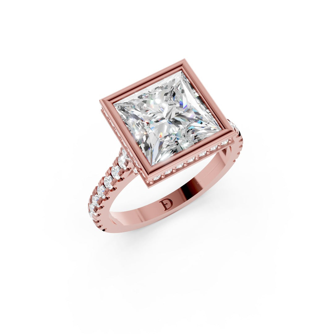 Princess Brilliant Diamond Bezel Engagement Ring with Hidden Halo Diamond