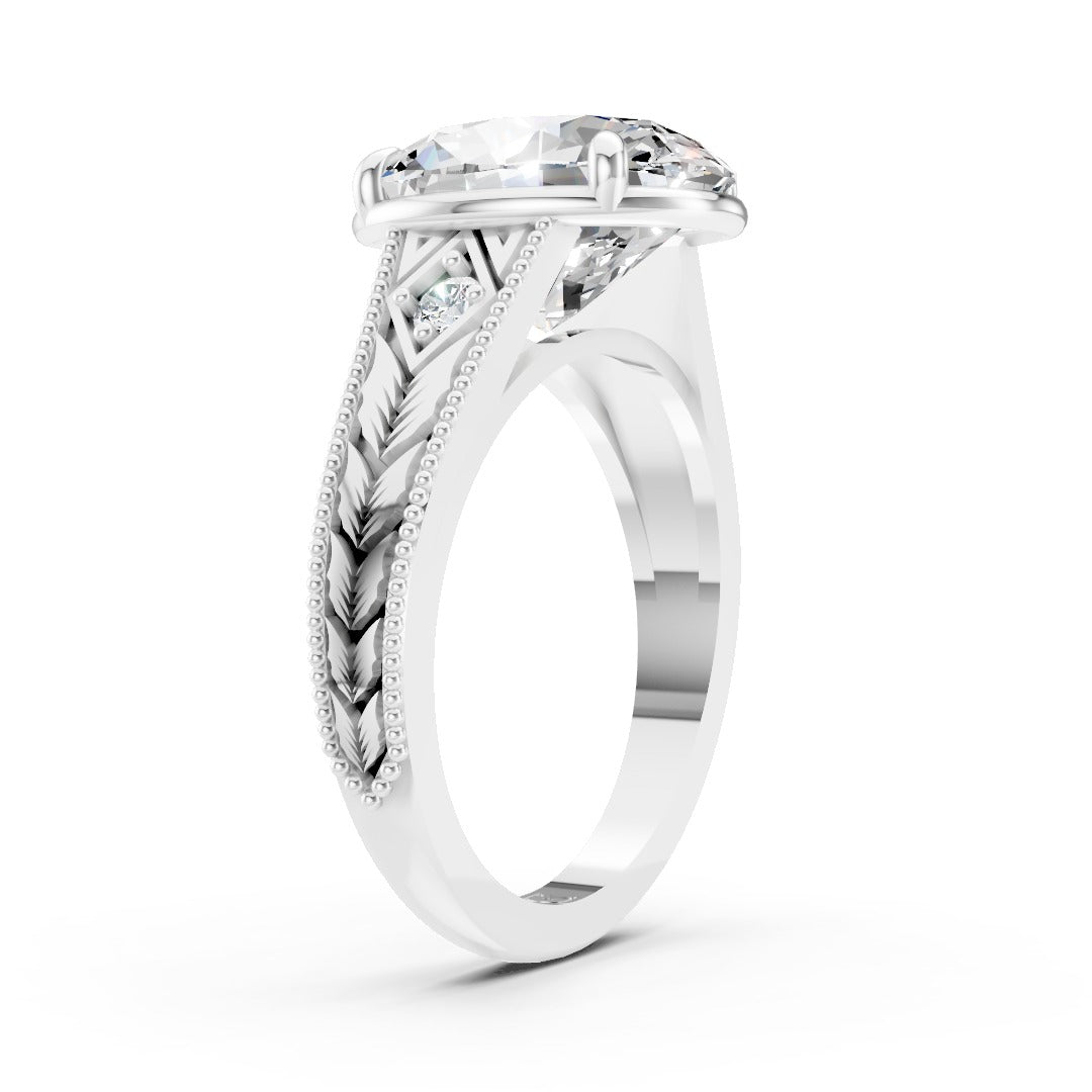 Antique Three Stone Leaf Engraved Band Oval Cut Ring