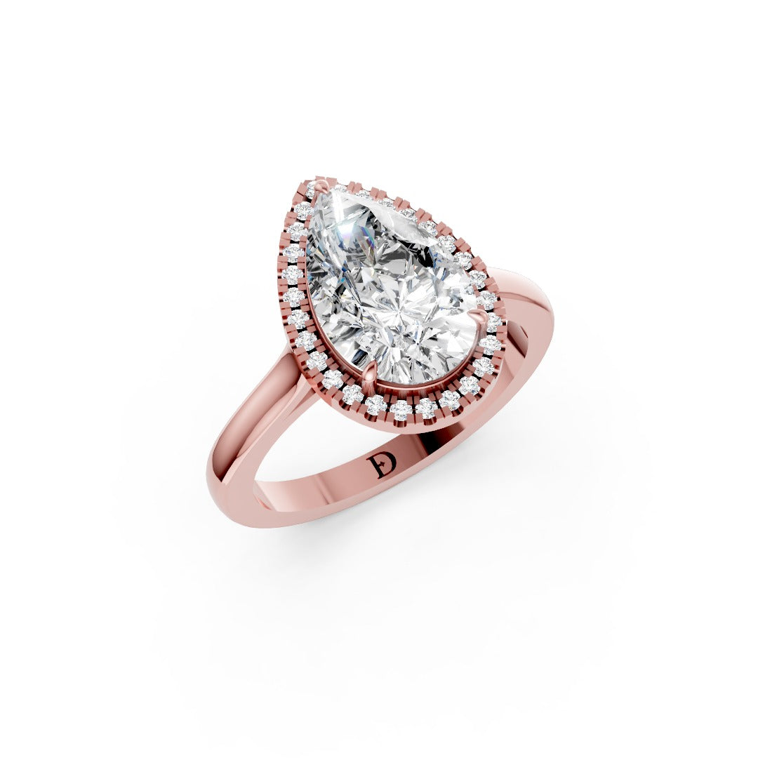 Pear Brilliant Cut Halo Diamond Cathedral Shank Ring