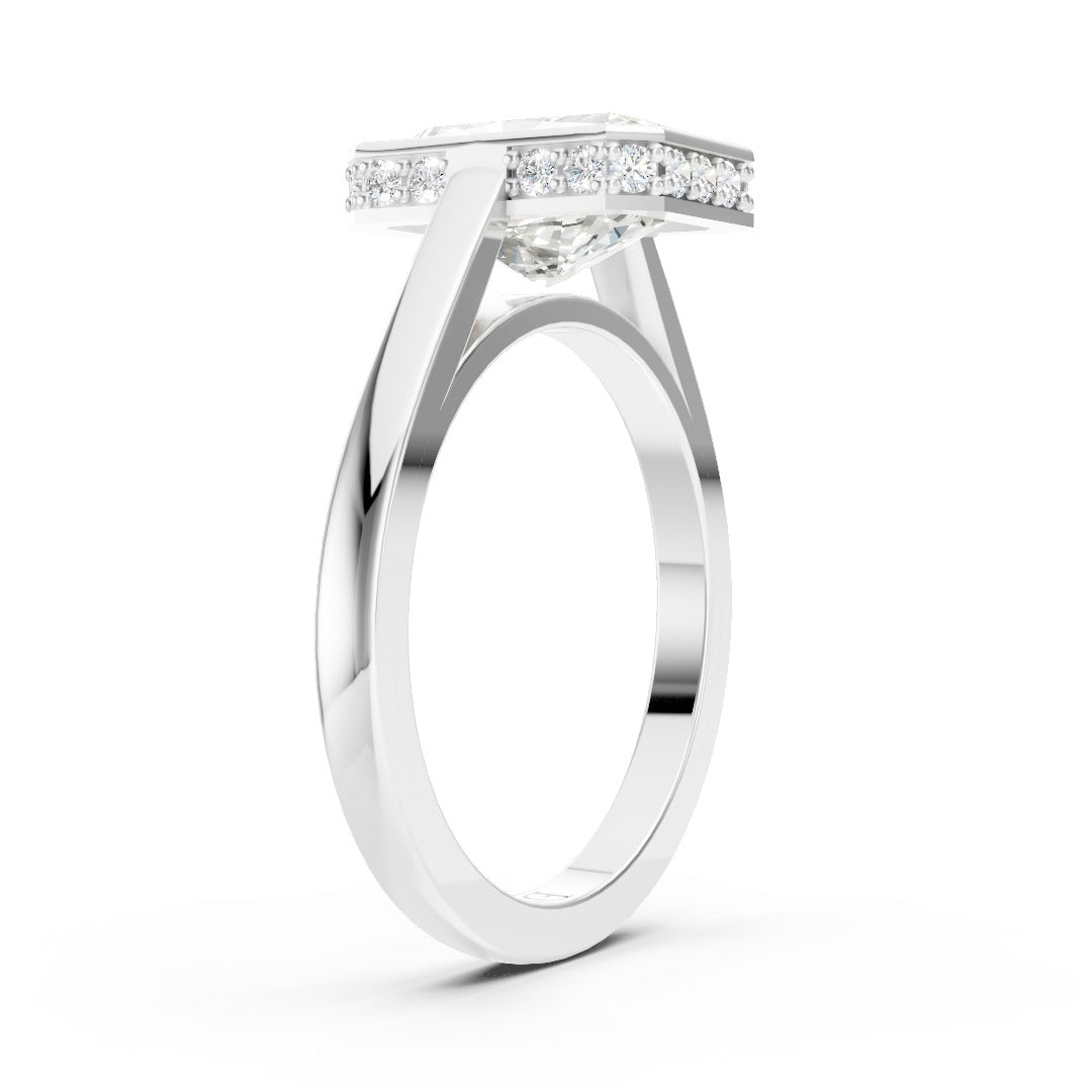 Bezel Set Radiant Brilliant Solitaire Diamond Hidden Halo Engagement Ring