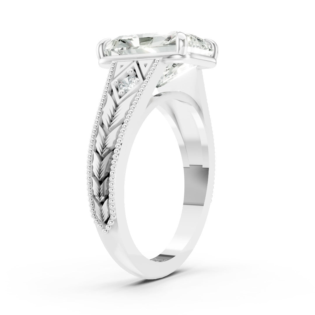Antique Three Stone Leaf Engraved Band Radiant Cut Ring