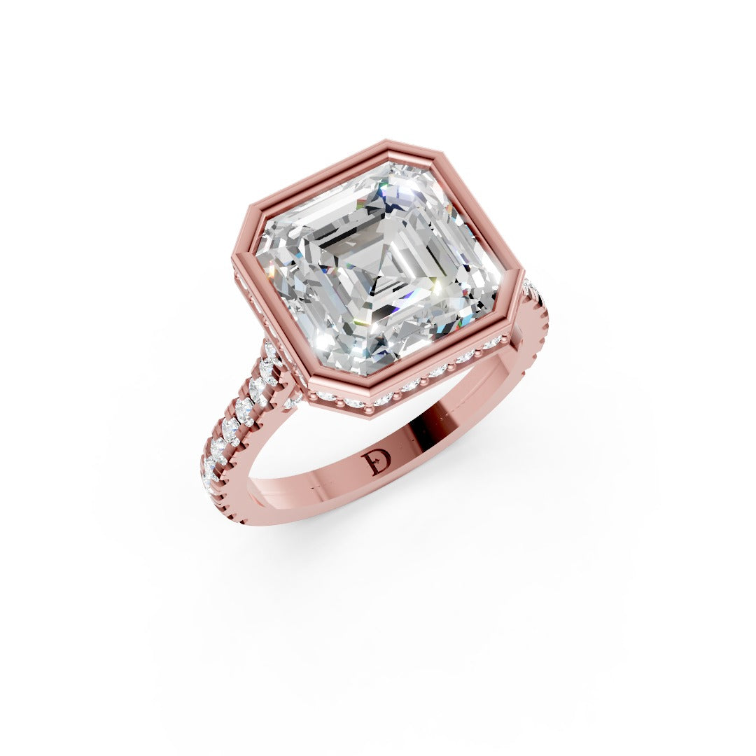 Asscher Brilliant Diamond Bezel Engagement Ring with Hidden Halo Diamond