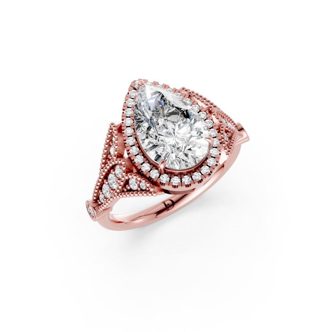 Vintage Inspired Pear Cut Lab Diamond Milgrain Halo Wedding Ring