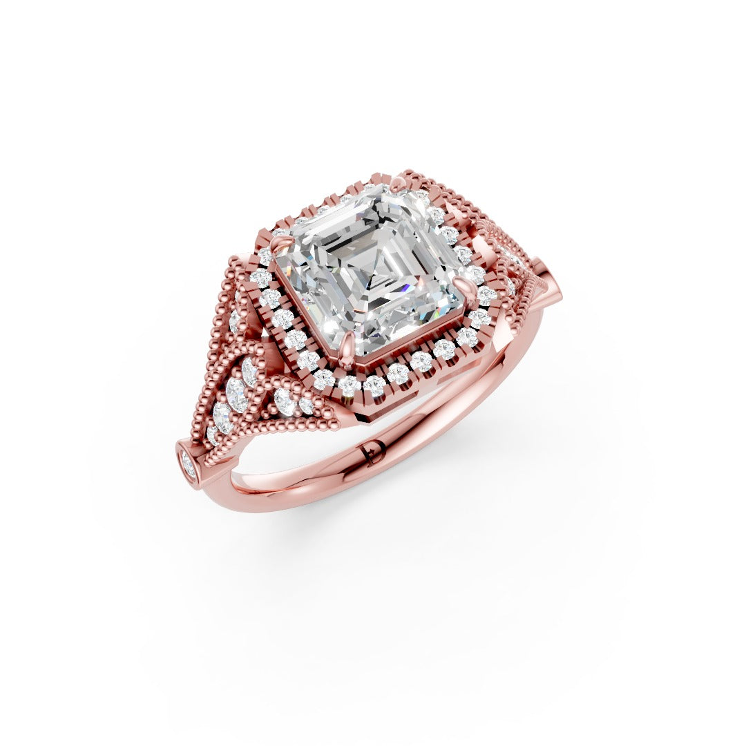Vintage Inspired Asscher Cut Lab Diamond Milgrain Halo Wedding Ring