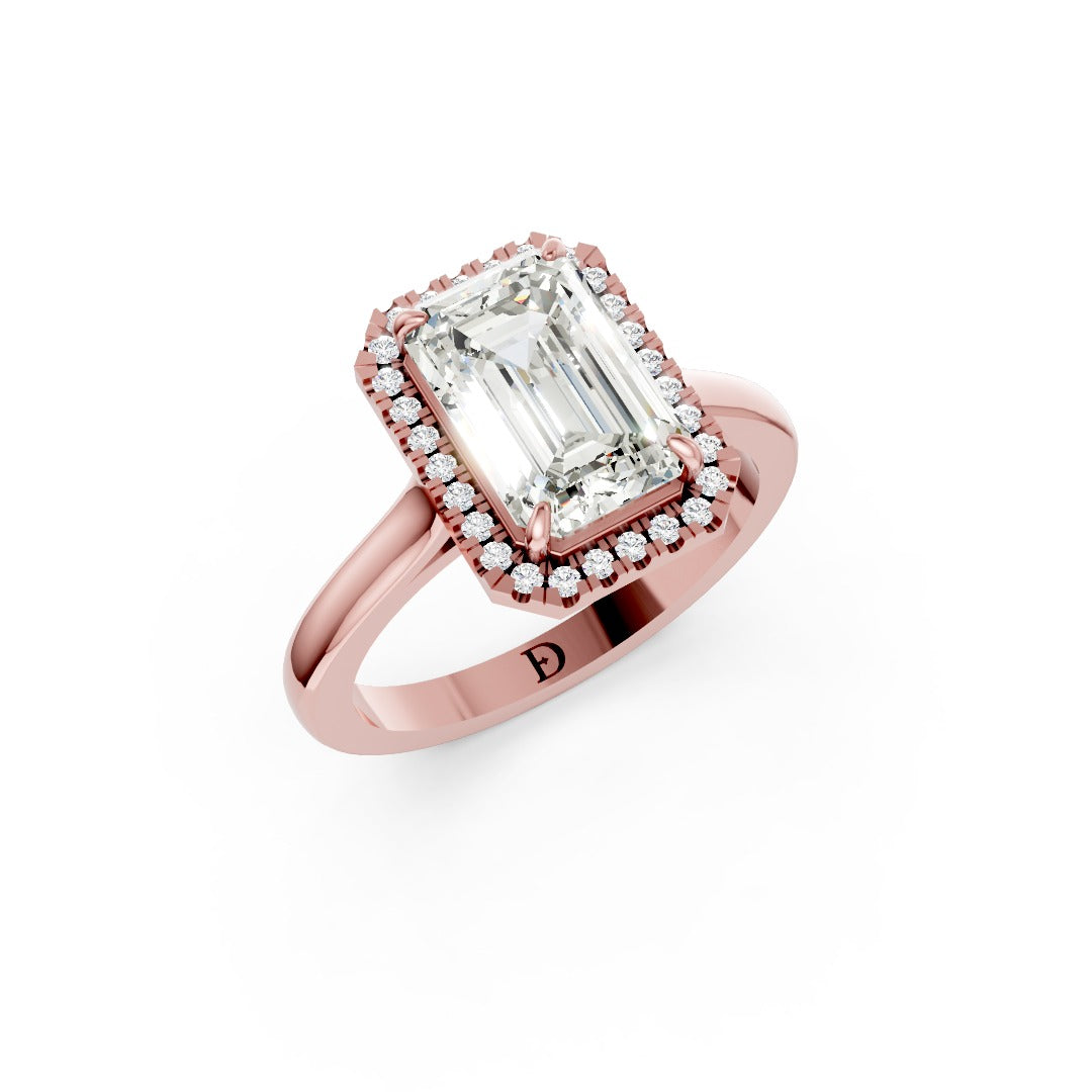 Emerald Brilliant Cut Halo Diamond Cathedral Shank Ring