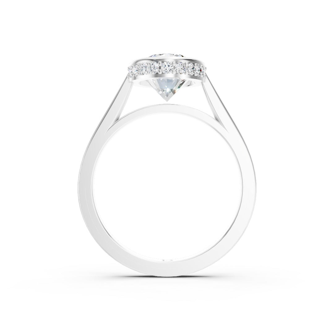 Bezel Set Oval Brilliant Solitaire Diamond Hidden Halo Engagement Ring