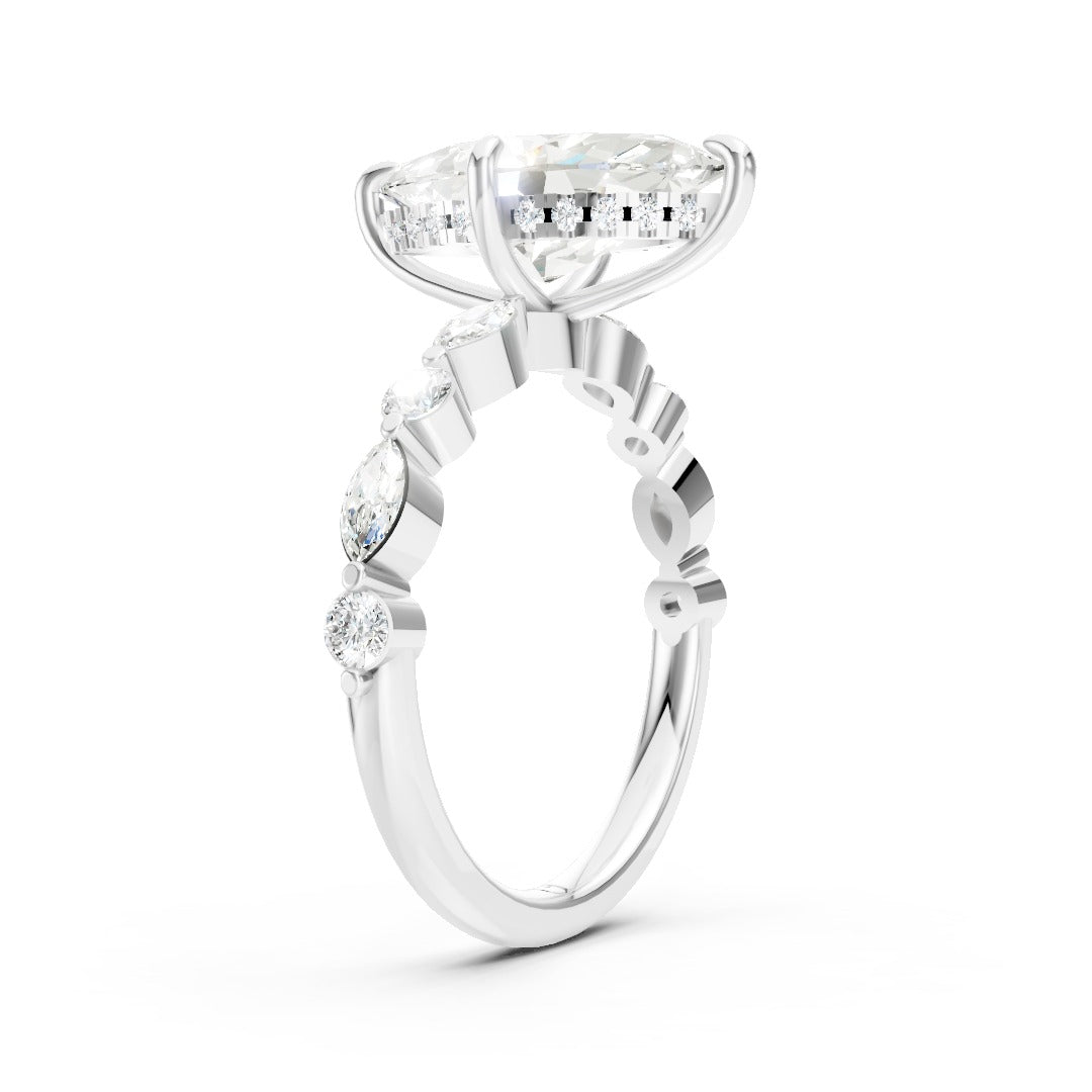 Marquise Cut Diamond Alternating Round And Marquise Engagement Ring