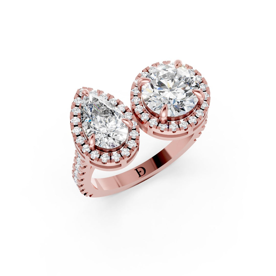 You And Me Pear And Round Diamond Cathedral Shank Ring