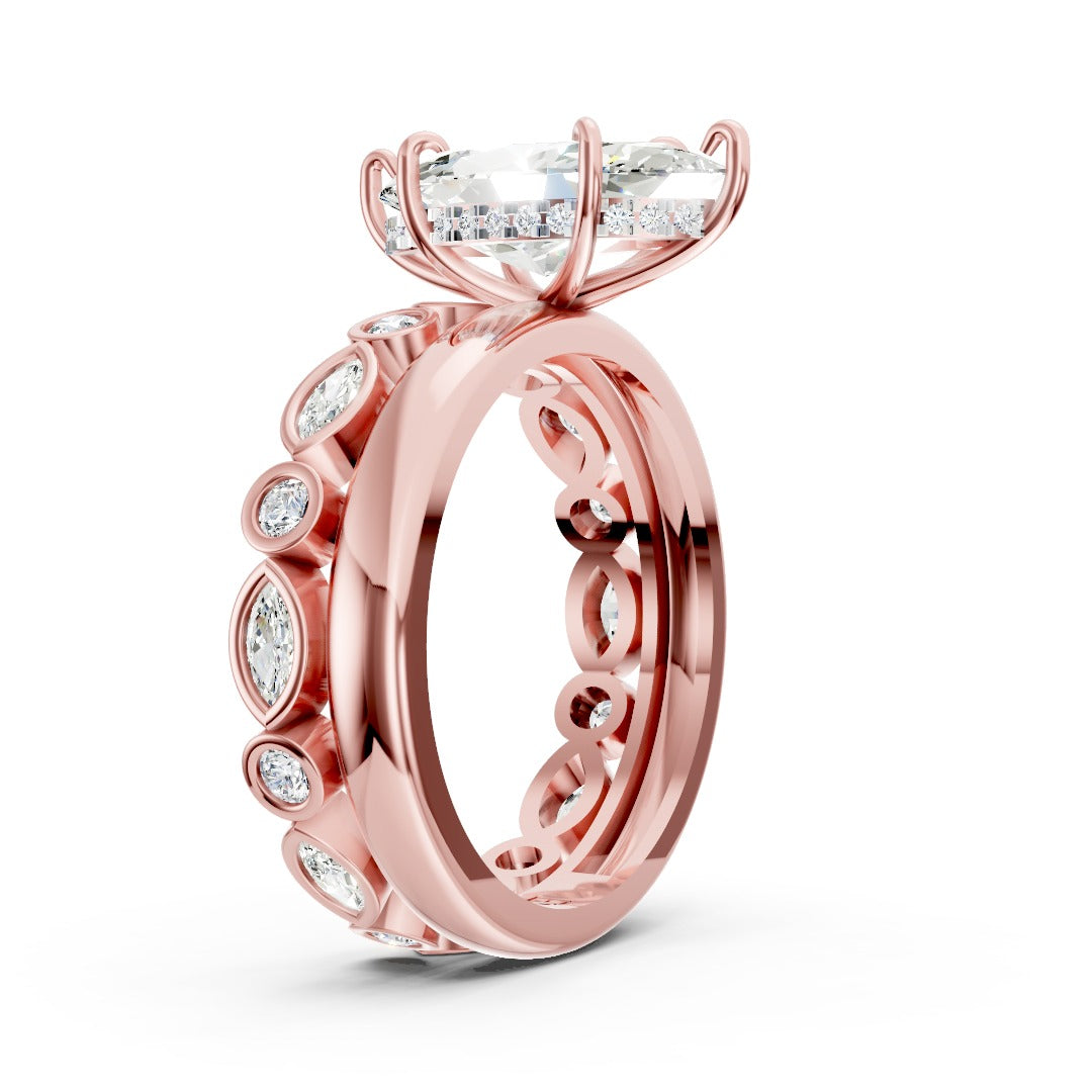 Marquise Cut Solitaire and Alternating Bezel Diamond Ring Set