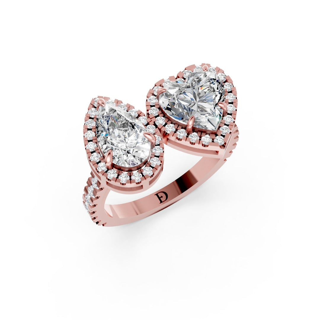 You And Me Pear And Heart Diamond Cathedral Shank Ring