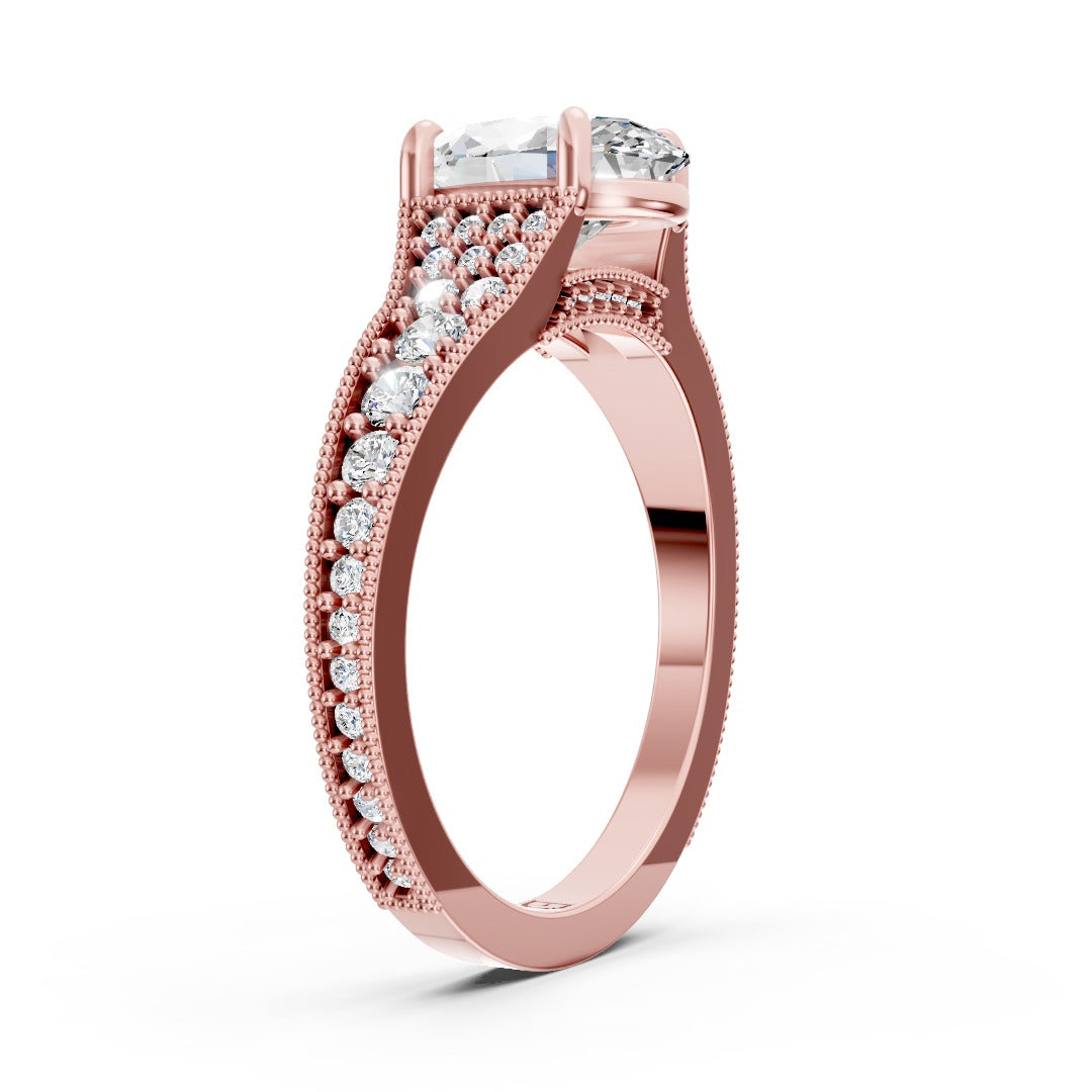 Oval Cut Lab Diamond Milgrain Cathedral Engagement Ring With Pave