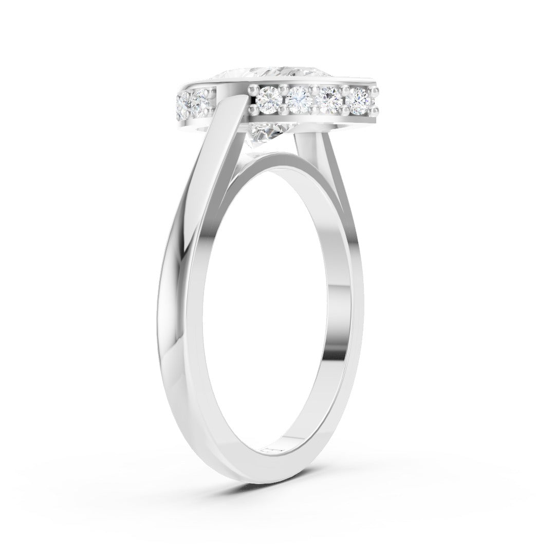 Bezel Set Pear Brilliant Solitaire Diamond Hidden Halo Engagement Ring