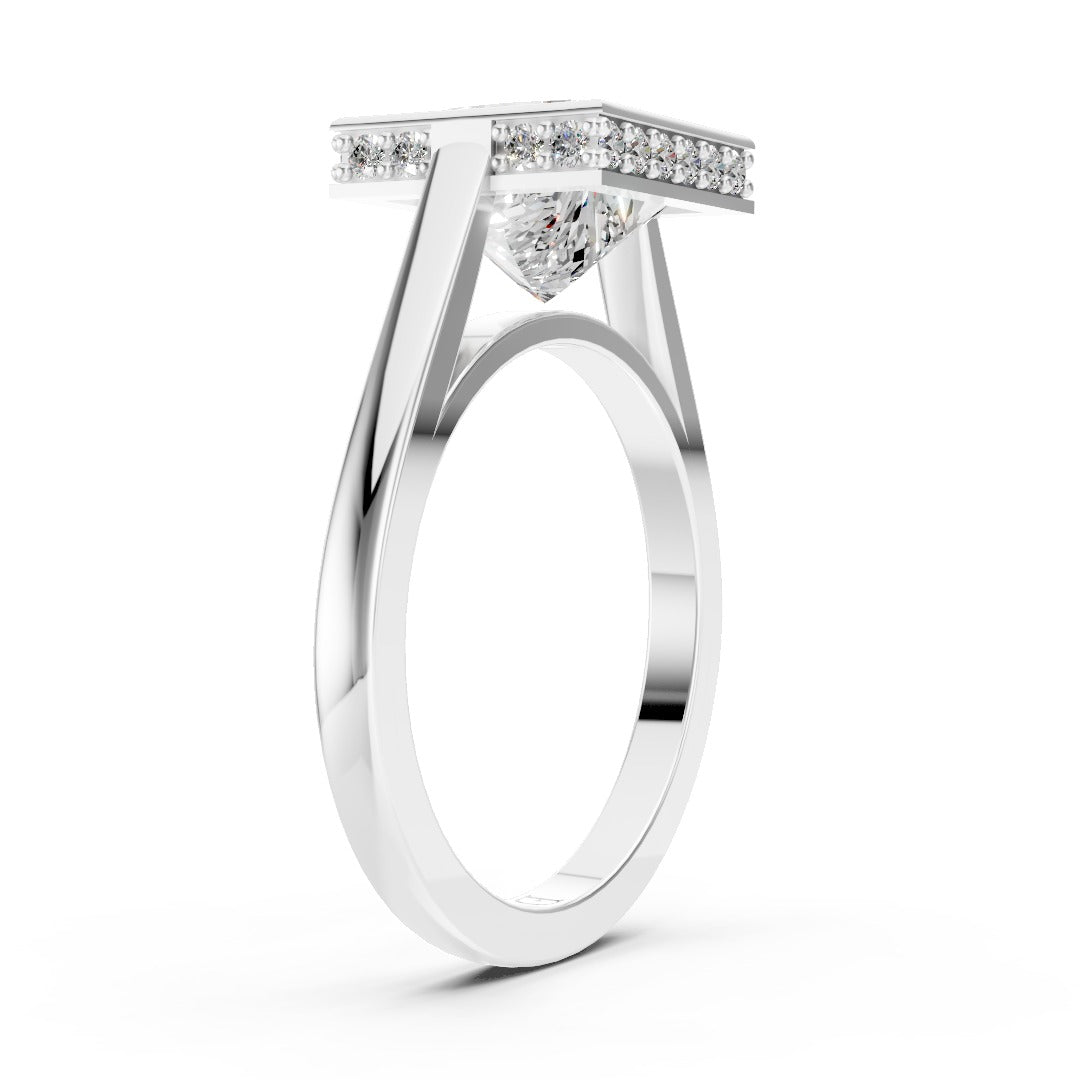 Bezel Set Princess Brilliant Solitaire Diamond Hidden Halo Engagement Ring
