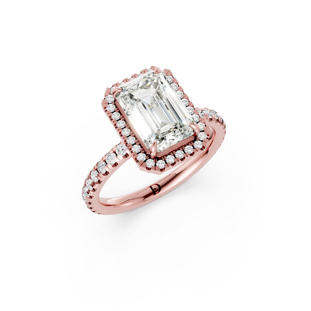 Lab Grown Emerald Diamond Halo Engagement Ring With Pave Set Band