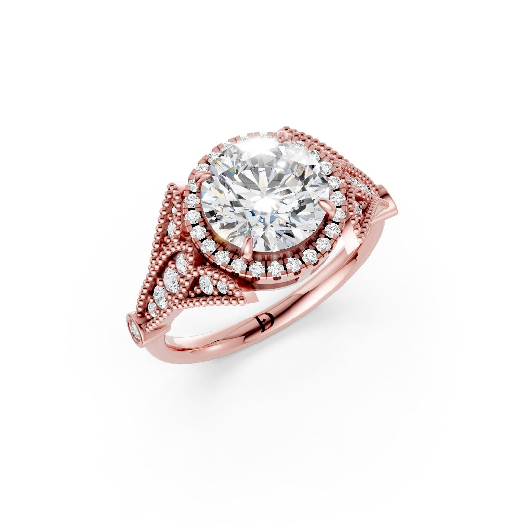 Vintage Inspired Round Cut Lab Diamond Milgrain Halo Wedding Ring