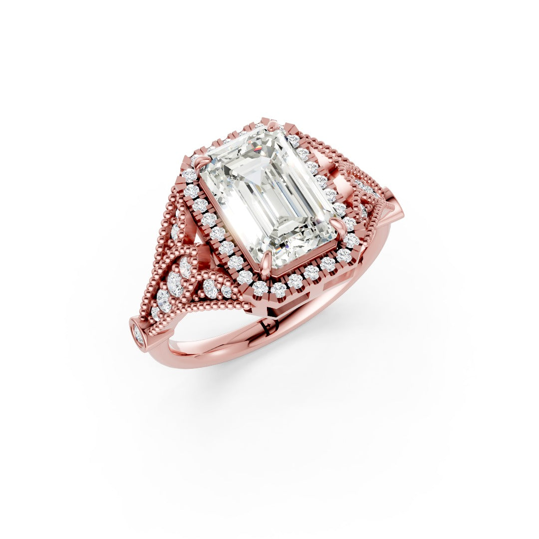 Vintage Inspired Emerald Cut Lab Diamond Milgrain Halo Wedding Ring