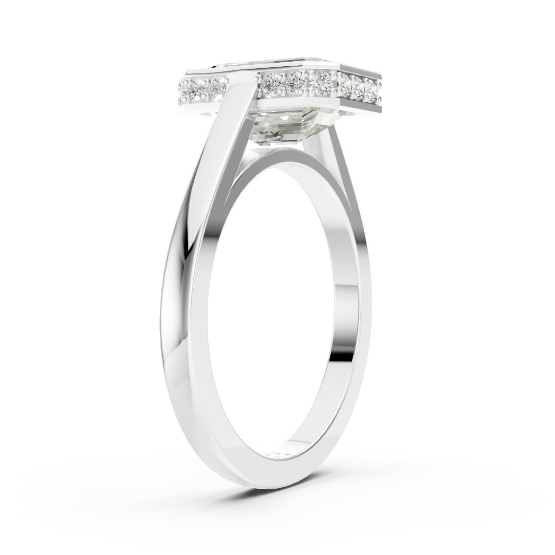 Bezel Set Emerald Brilliant Solitaire Diamond Hidden Halo Engagement Ring