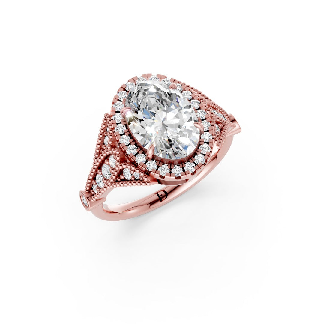 Vintage Inspired Oval Cut Lab Diamond Milgrain Halo Wedding Ring