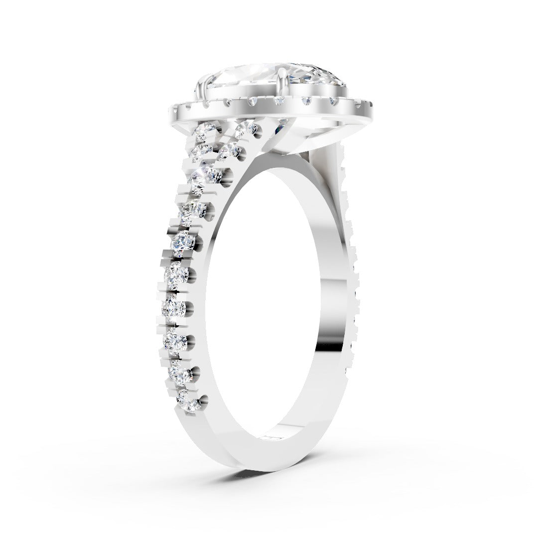 Oval Cut Halo & V-Split Shank Pavé Diamond Ring