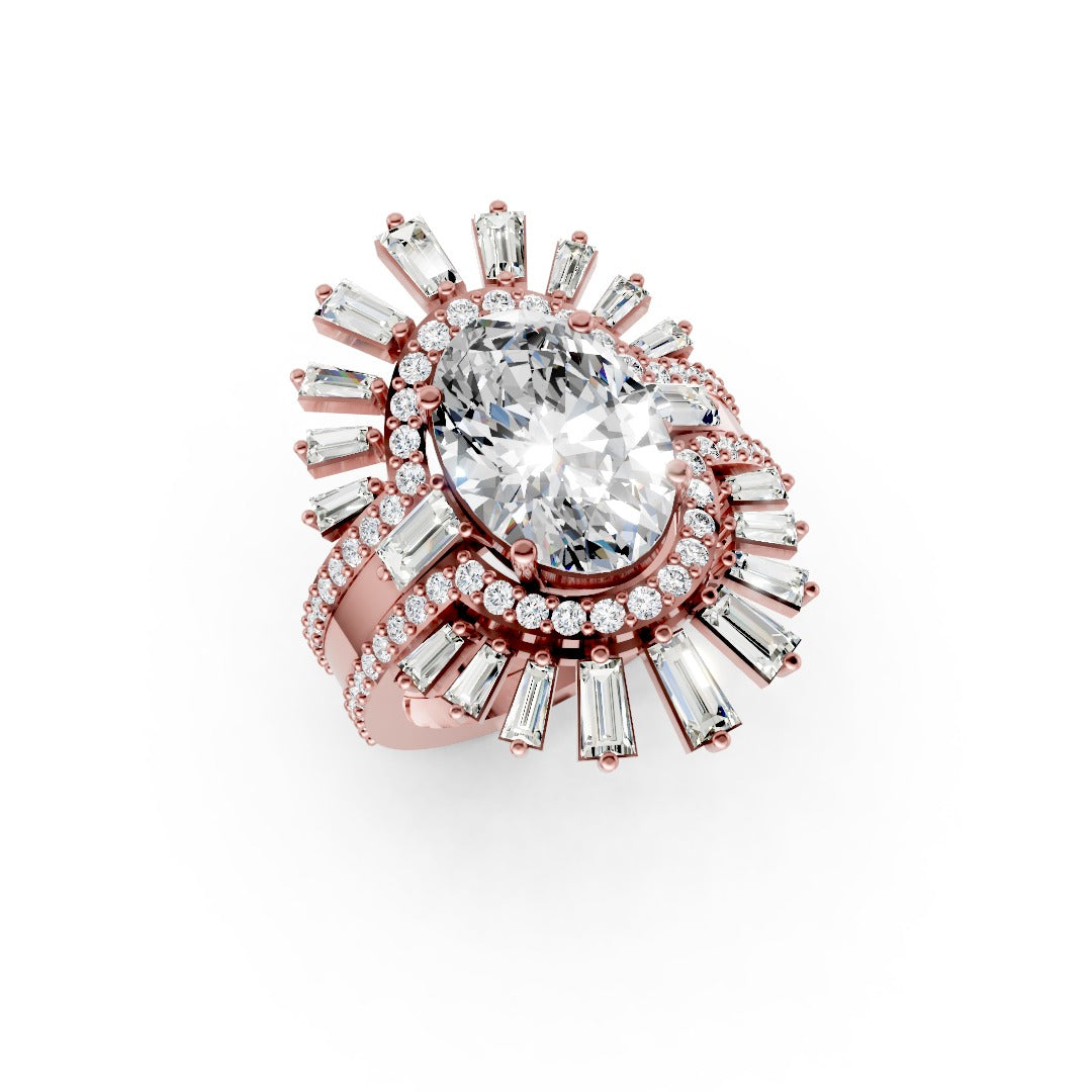 Vintage Inspired Multi Shaped Sunburst Halo Diamond Bridal Ring