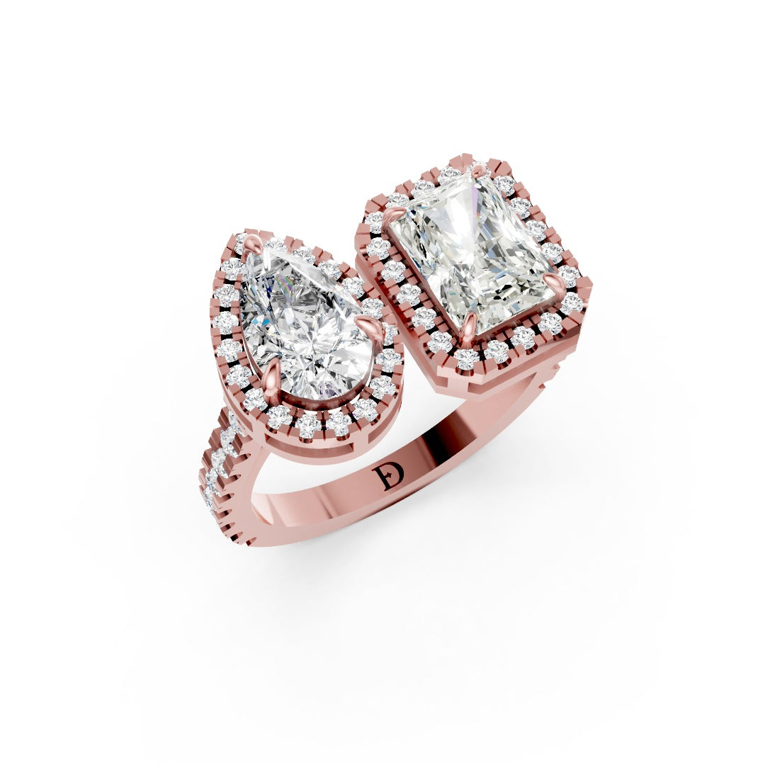 You And Me Pear And Radiant Diamond Cathedral Shank Ring