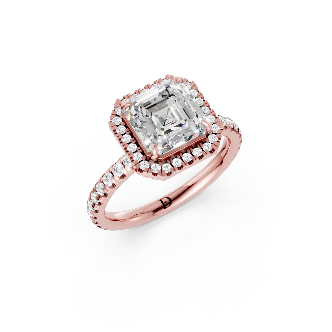 Lab Grown Asscher Diamond Halo Engagement Ring With Pave Set Band