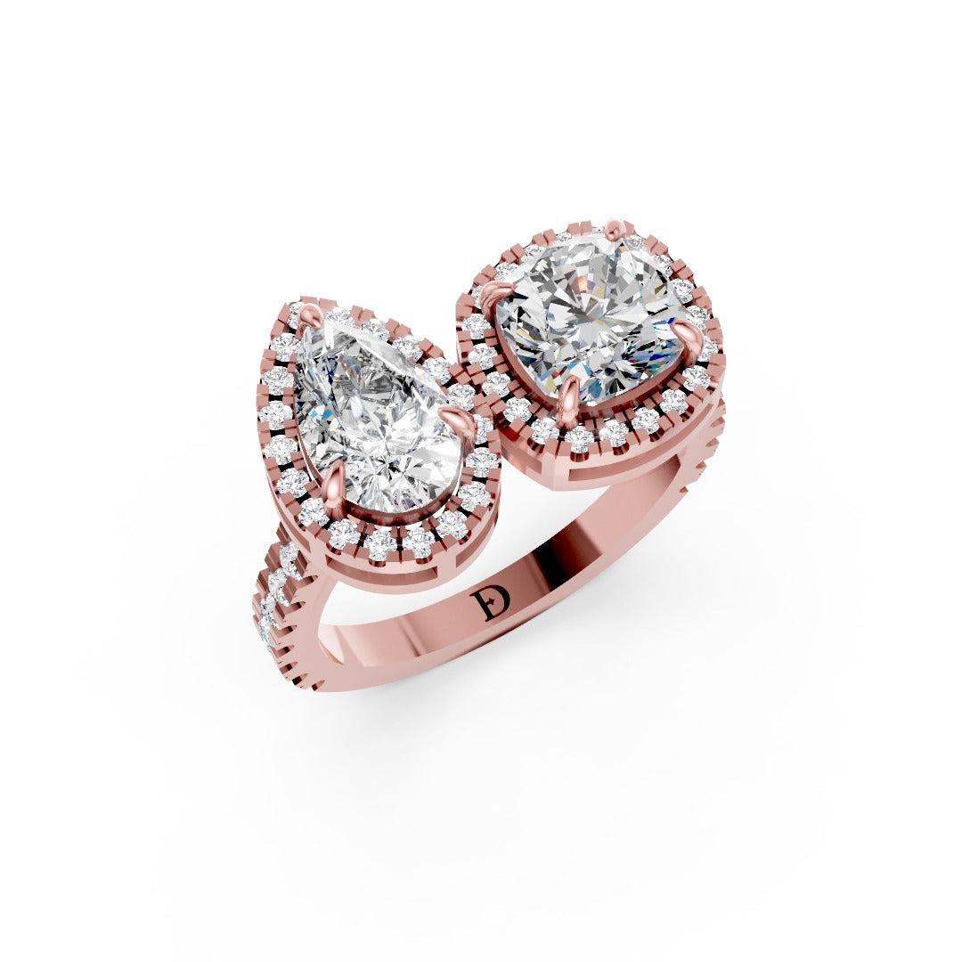You And Me Pear And Cushion Diamond Cathedral Shank Ring