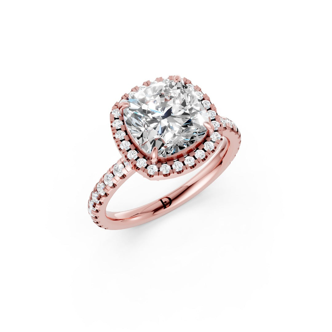 Lab Grown Cushion Diamond Halo Engagement Ring With Pave Set Band