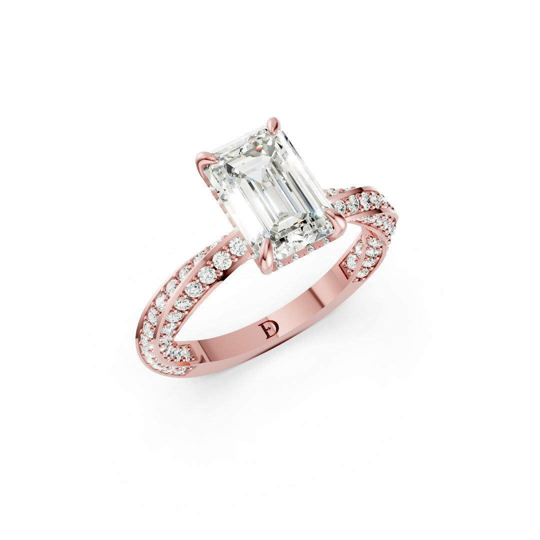Hidden Halo Emerald Cut With Double Row Twisted Ring