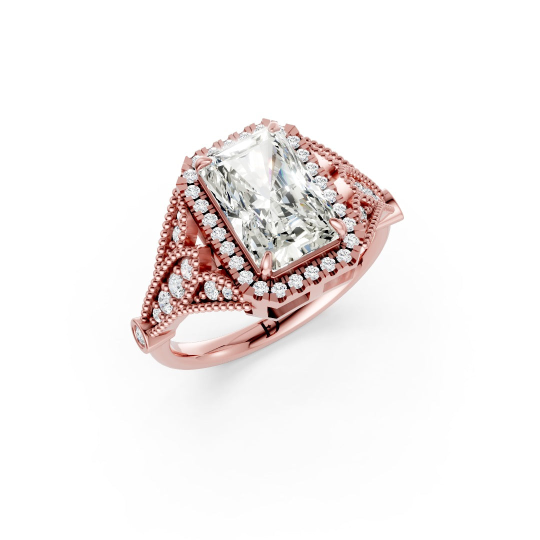 Vintage Inspired Radiant Cut Lab Diamond Milgrain Halo Wedding Ring