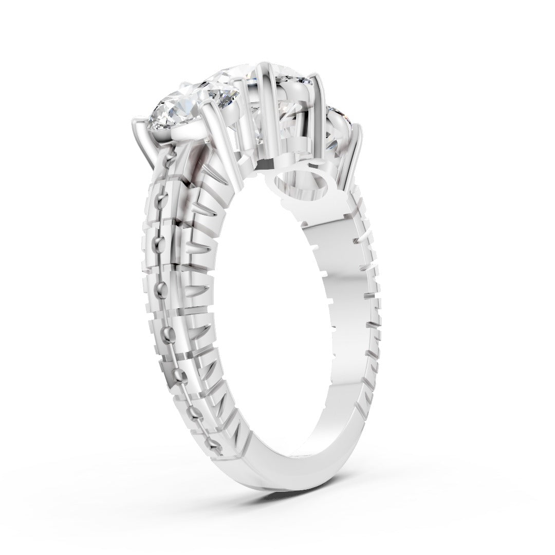 Round Cut Three-Stone With Ribbed Textured Band Ring