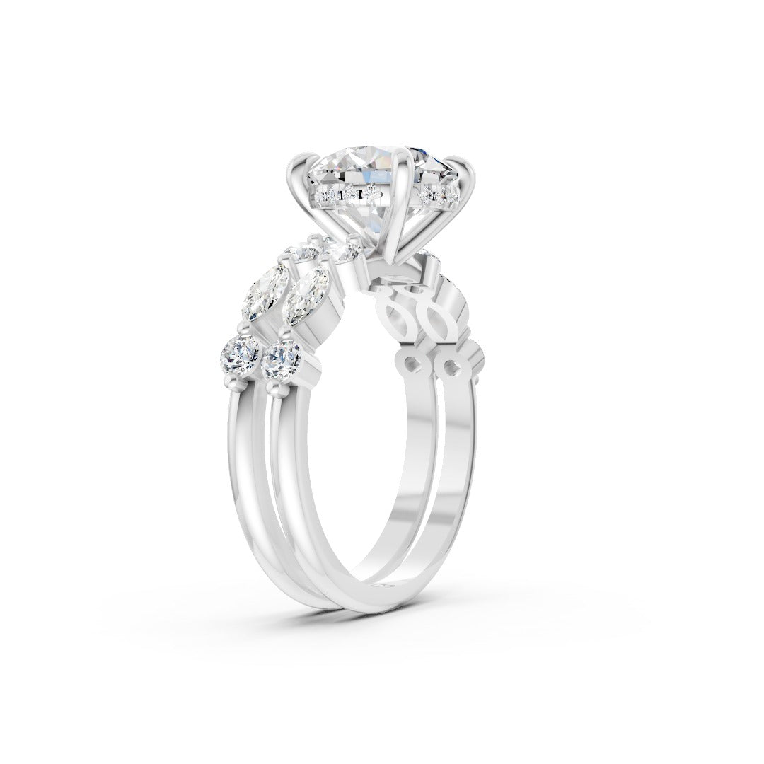 Round Lab Diamond Marquise Accent Hidden Halo Bridal Ring Set