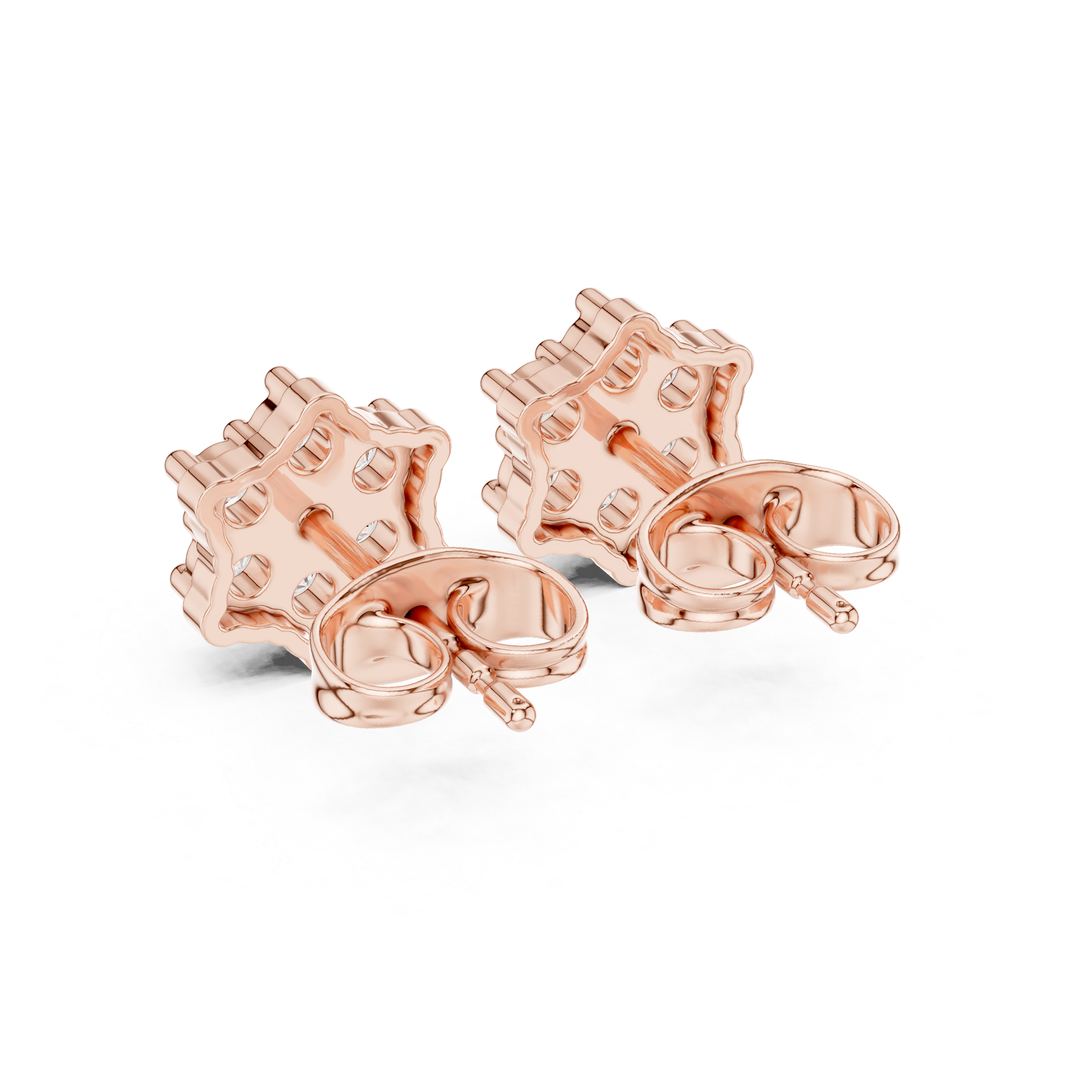 Curved Hexagon Seven Stone Round Diamond Stud Earrings