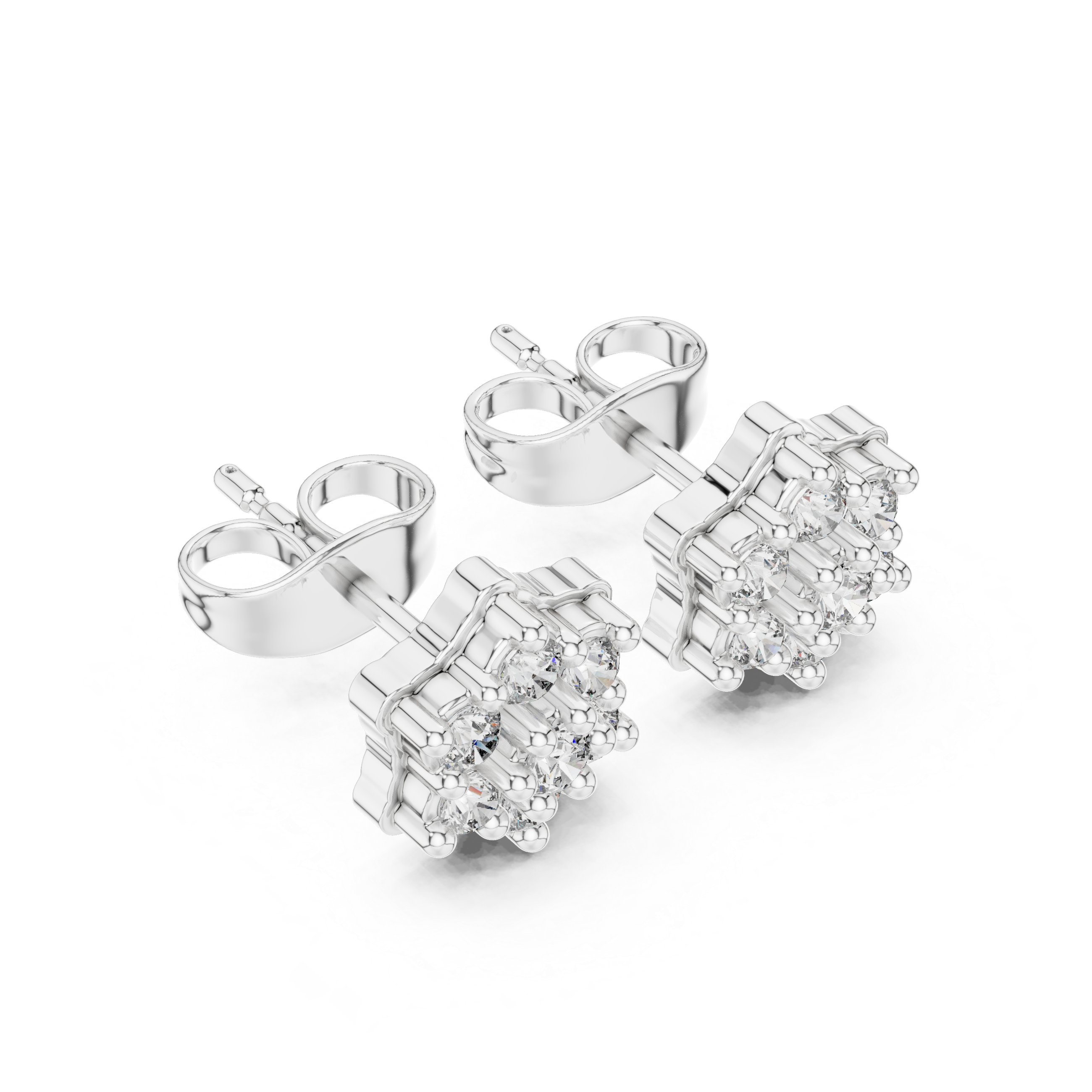 Curved Hexagon Seven Stone Round Diamond Stud Earrings