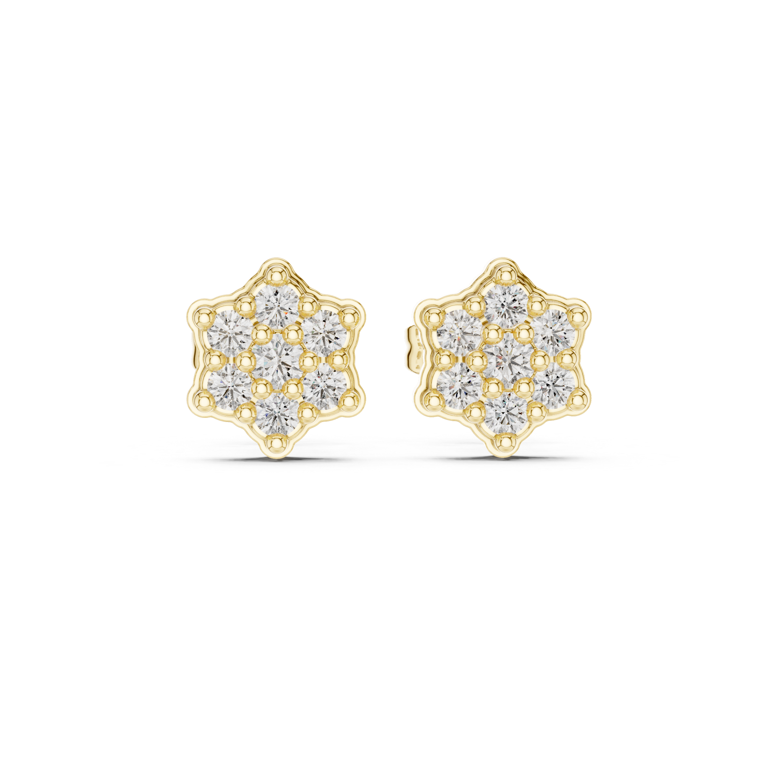 Curved Hexagon Seven Stone Round Diamond Stud Earrings