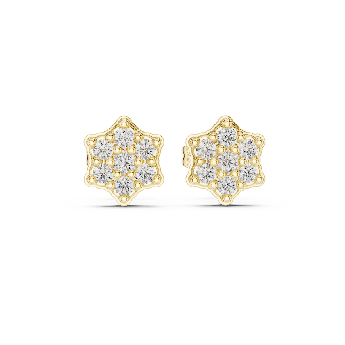 Curved Hexagon Seven Stone Round Diamond Stud Earrings