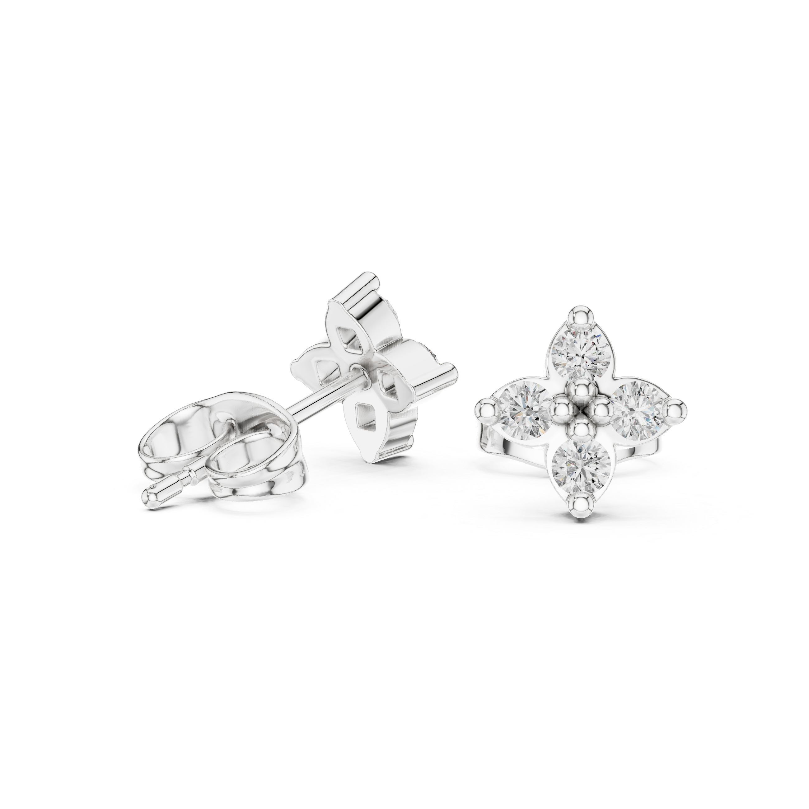 Round Diamond Four-Stone Floral Stud Earrings