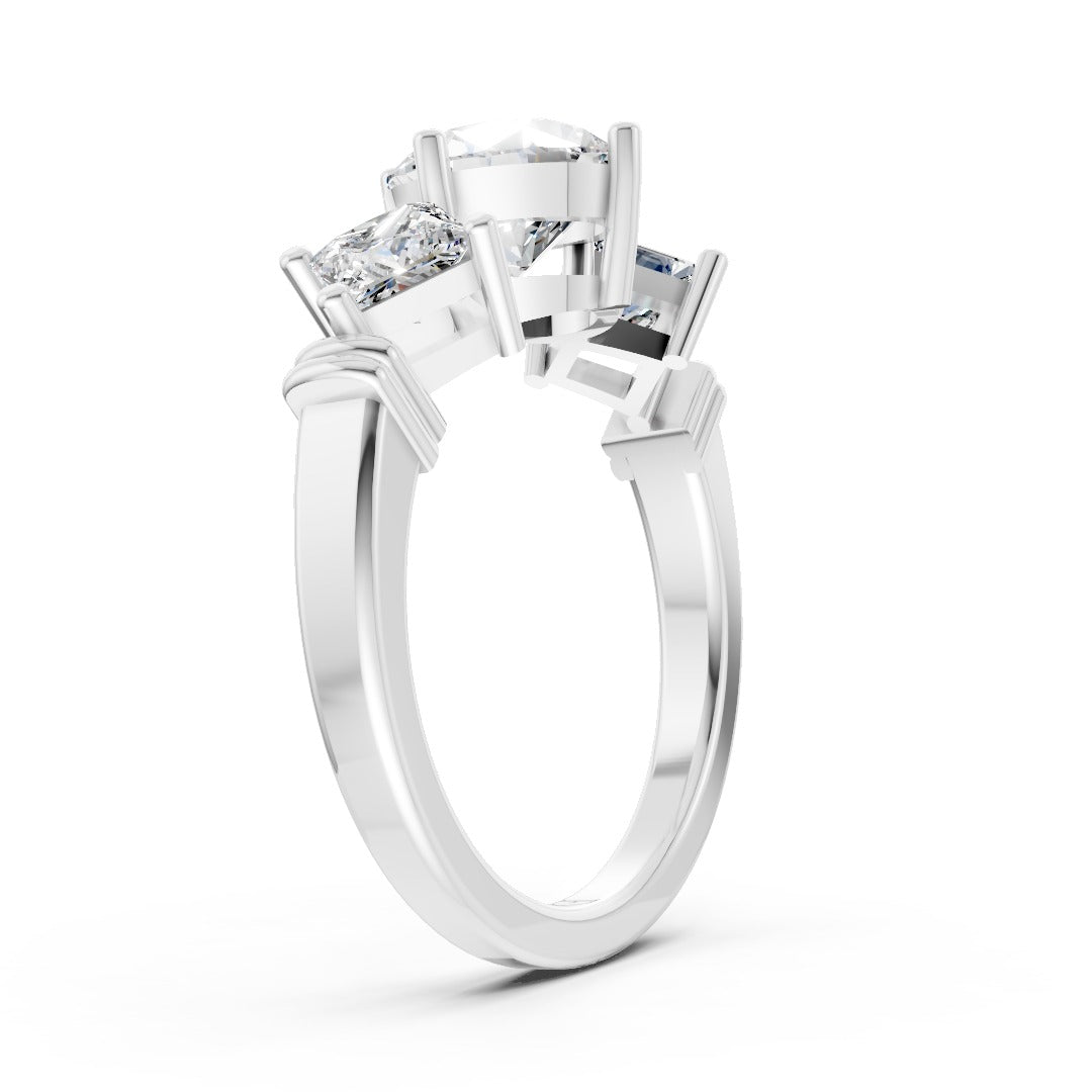 Round Cut and Princess Cut Diamond Three-Stone Ring
