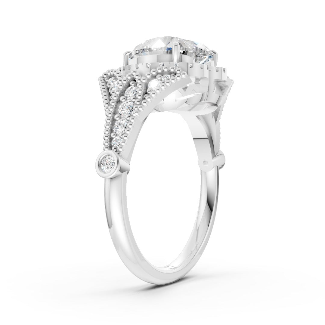 Vintage Inspired Heart Cut Lab Diamond Milgrain Halo Wedding Ring