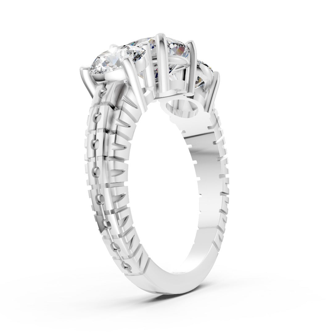 Cushion Cut Three-Stone With Ribbed Textured Band Ring