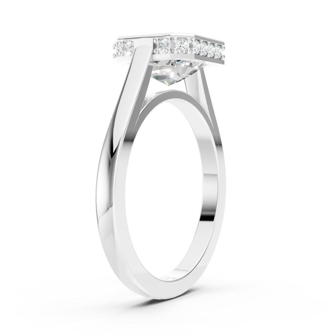Bezel Set Asscher Brilliant Solitaire Diamond Hidden Halo Engagement Ring