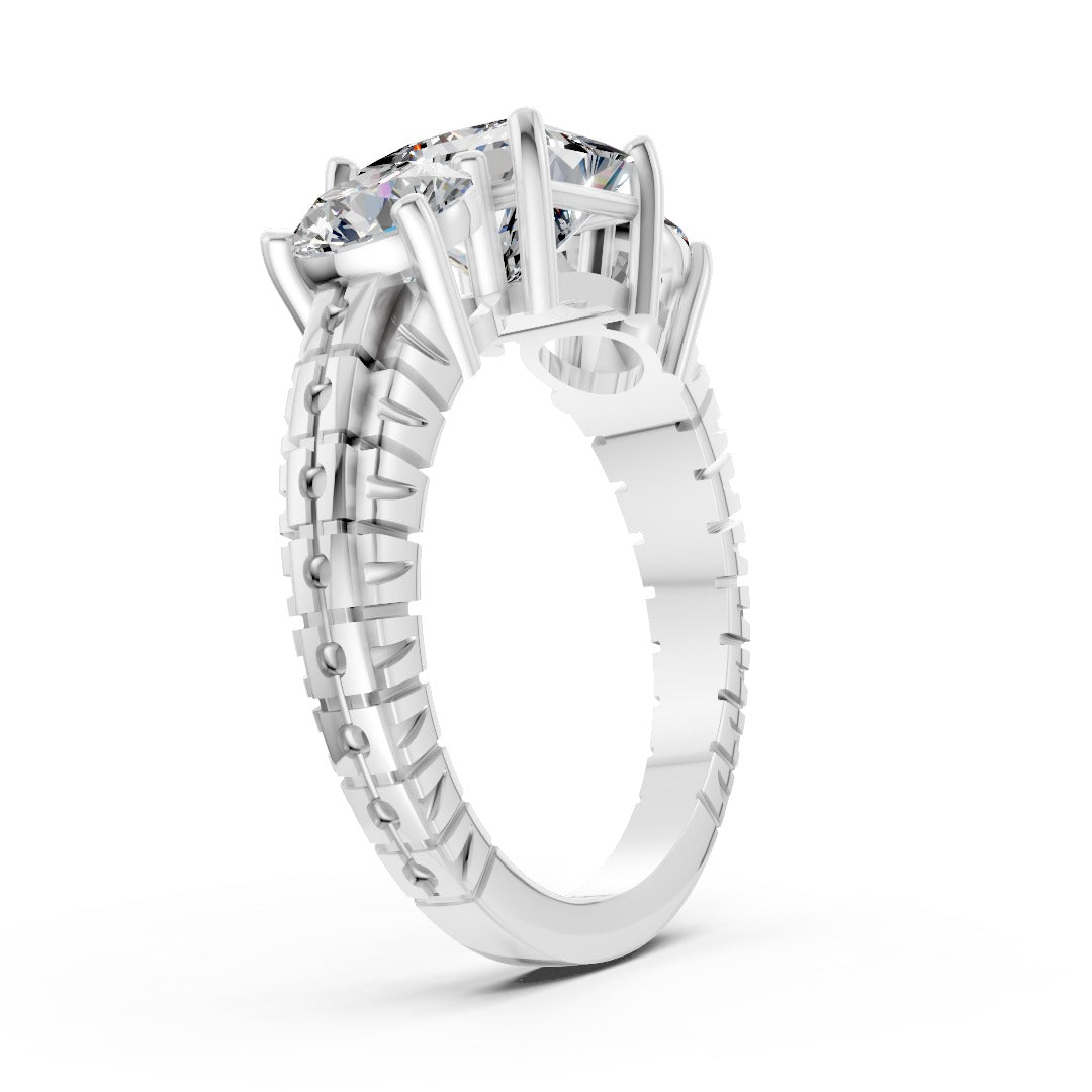 Princess Cut Three-Stone With Ribbed Textured Band Ring