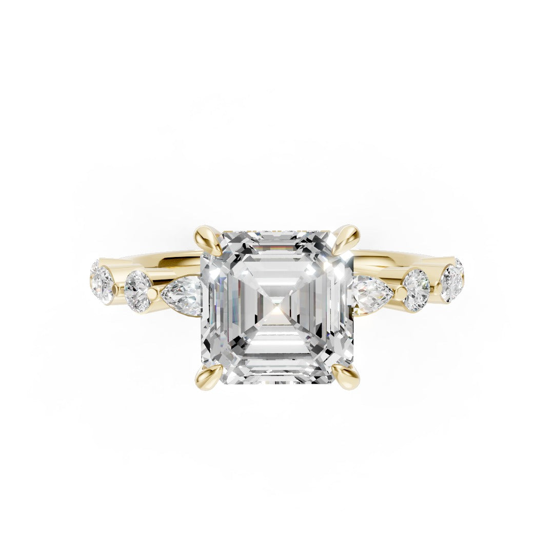 Asscher Cut Diamond Alternating Round And Marquise Engagement Ring