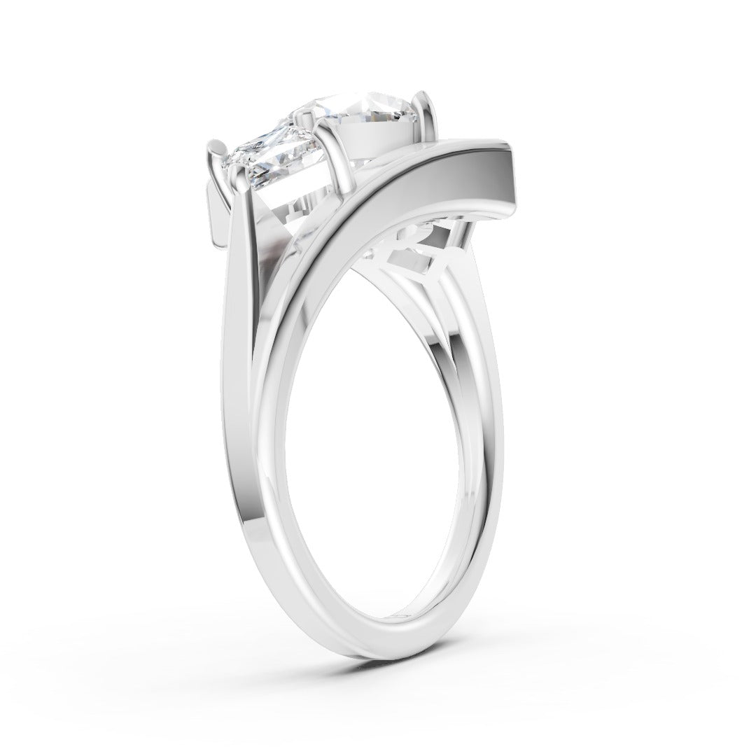 Round and Princess Cut Diamond Three-Stone Bypass Ring