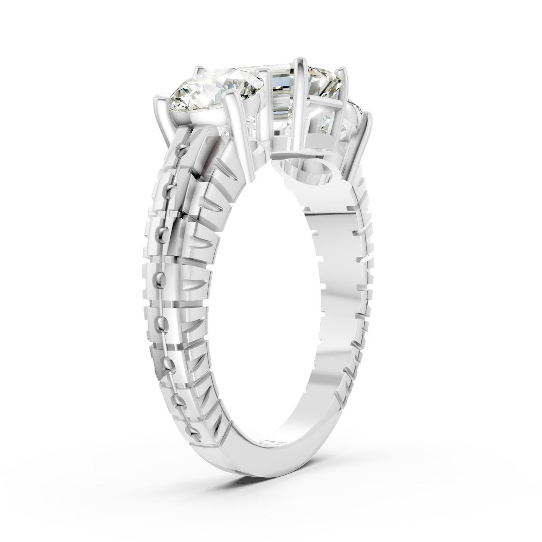 Emerald Cut Three-Stone With Ribbed Textured Band Ring